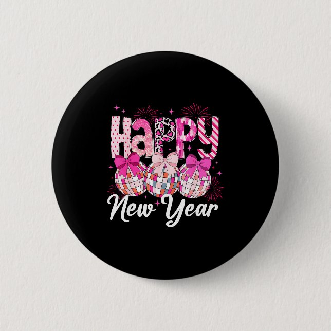 Badge Rond 5 Cm Happy New Year 2026 Nk Coquette Bow Disco Ball Fir (Devant)