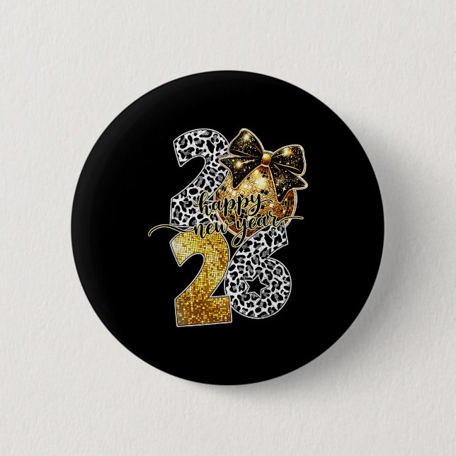 Badge Rond 5 Cm Happy New Year Cute Gold Disco Ball Bow New Year's (Devant)