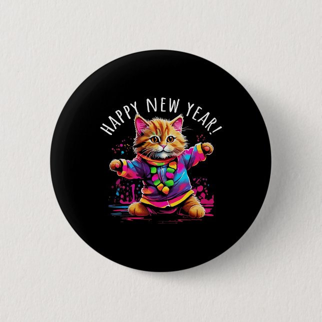 Badge Rond 5 Cm Happy New Year Party Dancing Cat Design  (Devant)