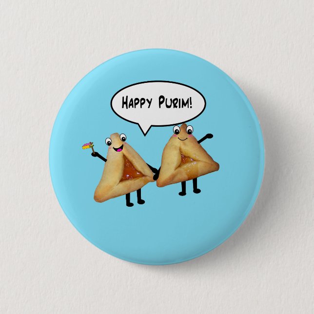Badge Rond 5 Cm Happy Purim Cute Smiling Hamentaschen Cartoon (Devant)