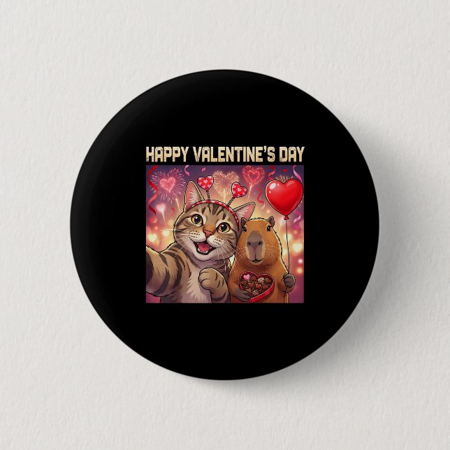 Badge Rond 5 Cm Happy Valentines 2026 Cute Cat Capybara Party Art  (Devant)