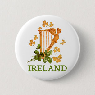 Badge Rond 5 Cm Harpe d'Irlande d'or avec Shamrocks d'or et vert