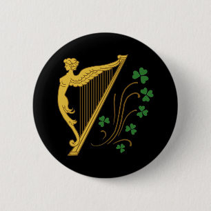 Badge Rond 5 Cm Harpe d'or St Patrick's Day et Shamrock