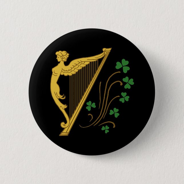 Badge Rond 5 Cm Harpe d'or St Patrick's Day et Shamrock (Devant)