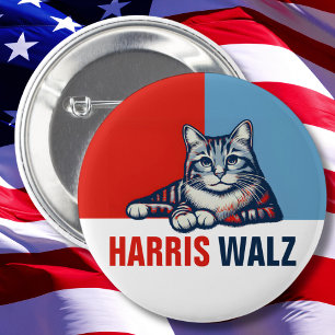 Badge Rond 5 Cm Harris Walz 2024 Manifestement Red Blue Cat