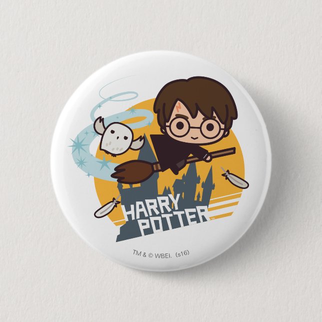 Badge Rond 5 Cm Harry et Hedwig en cartoon volant devant Poudlard (Devant)