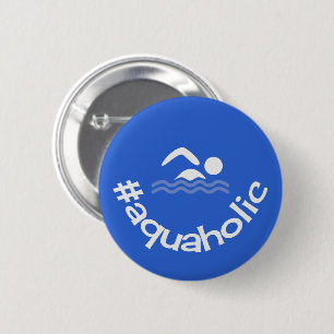 Badge Rond 5 Cm Hashtag aquaholic fun bleu nageurs