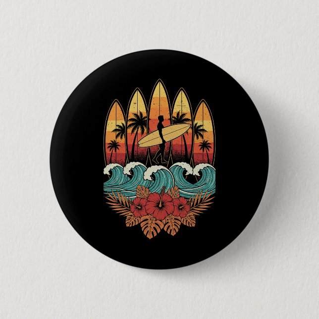 Badge Rond 5 Cm Hawaiian Surfboarder Retro Sunset Ocean Surfer  (Devant)