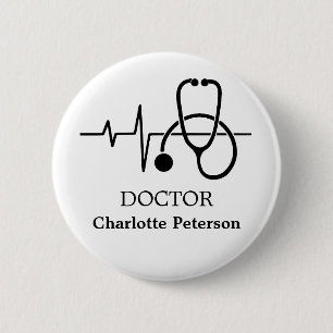 Badge Rond 5 Cm Heart Beat Stethoscope Doctor Name Tag