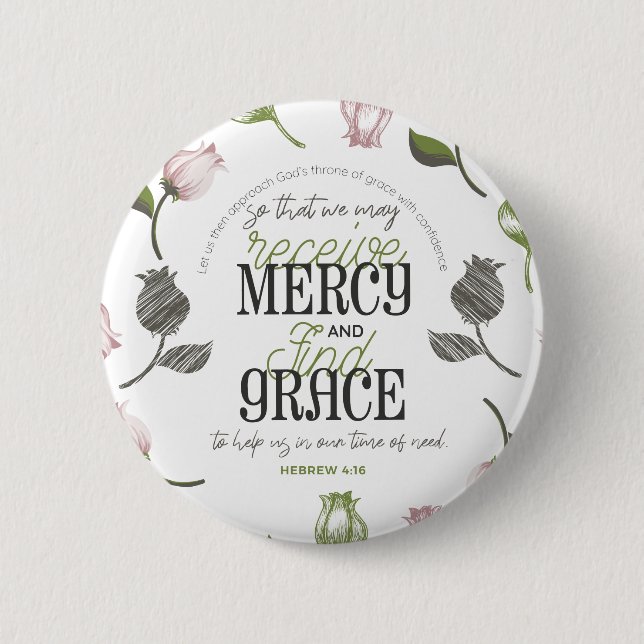Badge Rond 5 Cm Hébreu 4:16 citations avec art floral blanc ver (Devant)