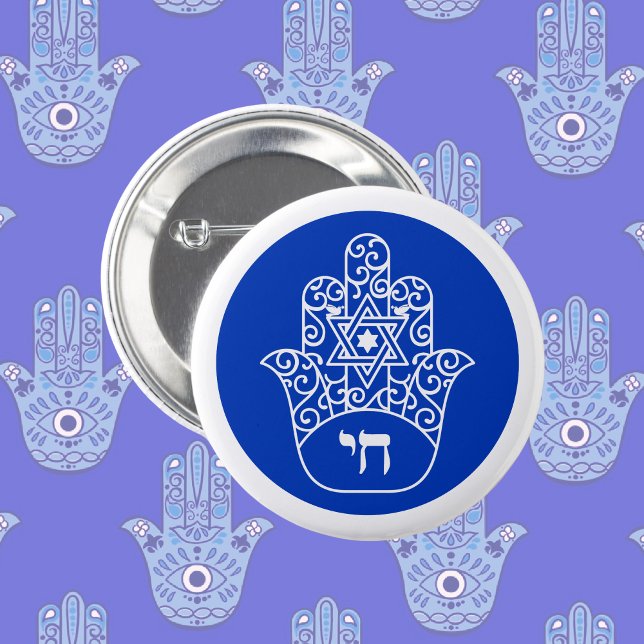 Badge Rond 5 Cm Hébreu bleu et blanc Chai Hamsa (Créateur téléchargé)