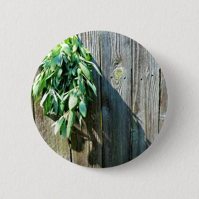 Badge Rond 5 Cm Herbes vertes botaniques à grains de bois affaissé (Devant)