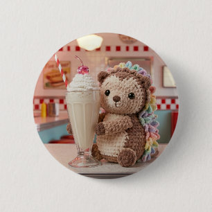 Badge Rond 5 Cm Hérisson au crochet et milkshake au diner rétro