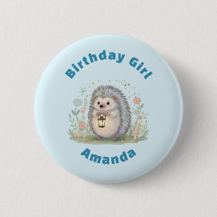 Badge Rond 5 Cm Hérisson Mignon avec Bougie d'Anniversaire Fille