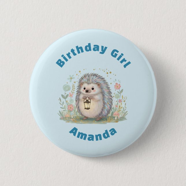 Badge Rond 5 Cm Hérisson Mignon avec Bougie d'Anniversaire Fille (Devant)