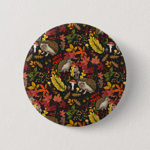 Badge Rond 5 Cm Hérissons et flore de forêt automnale sur fond noi