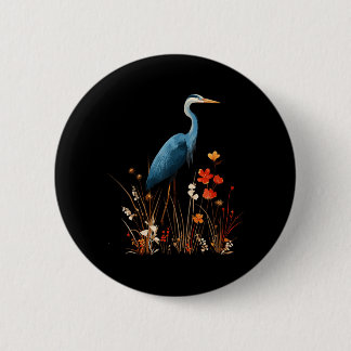 Badge Rond 5 Cm Héron bleu floral fleur sauvage observation des oi
