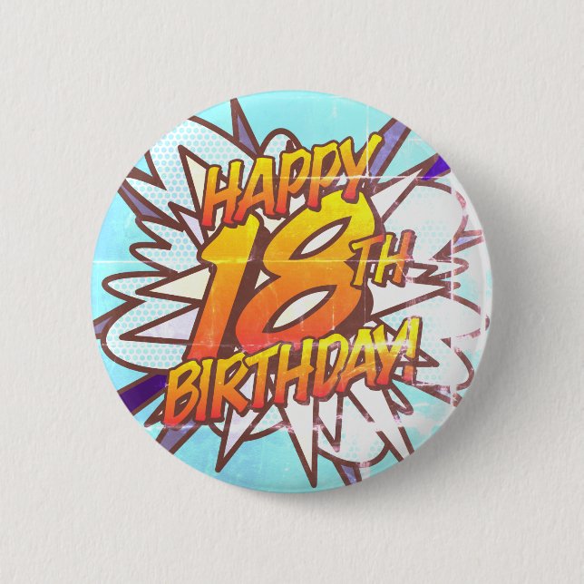 Badge Rond 5 Cm HEUREUX 18E ANNIVERSAIRE Fun Retro Comic Book (Devant)