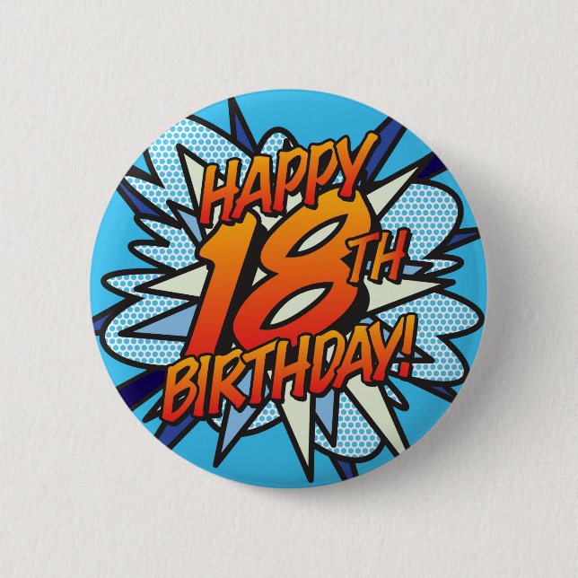 Badge Rond 5 Cm HEUREUX 18E ANNIVERSAIRE Fun Retro Comic Book (Devant)