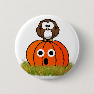 Badge Rond 5 Cm Hialloween Citrouille et hibou rayé