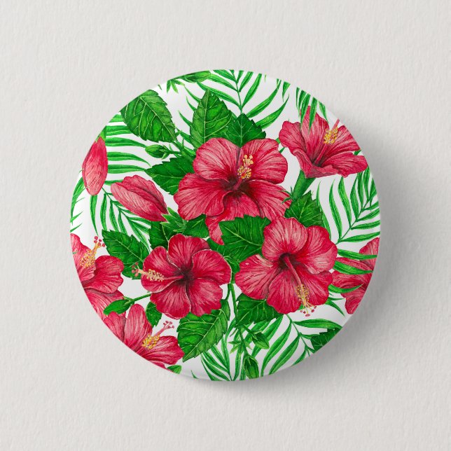 Badge Rond 5 Cm Hibiscus et palmiers feuilles (Devant)