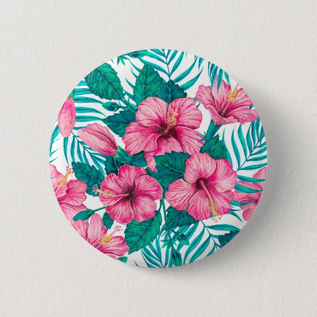 Badge Rond 5 Cm Hibiscus et palmiers feuilles (Devant)