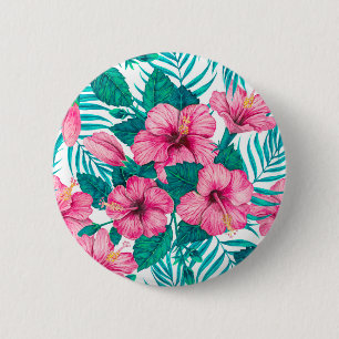 Badge Rond 5 Cm Hibiscus et palmiers feuilles