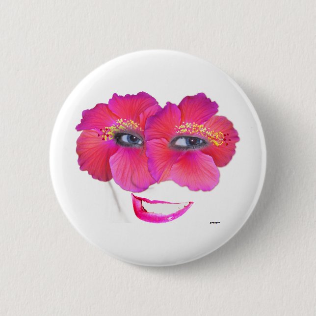 Badge Rond 5 Cm Hibiscus face avec sourire - rose (Devant)