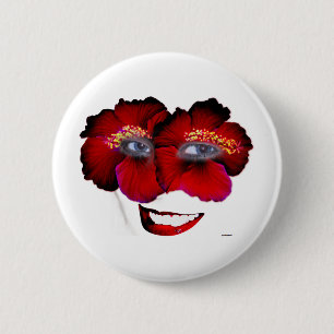 Badge Rond 5 Cm Hibiscus face avec sourire - rouge et noir
