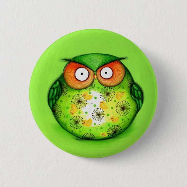 Badge Rond 5 Cm Hibou drôle vert (Devant)