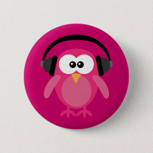Badge Rond 5 Cm Hibou rose avec des écouteurs