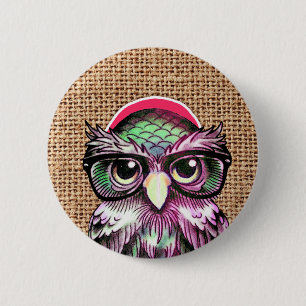 Badge Rond 5 Cm Hibou sage de tatouage coloré frais avec les
