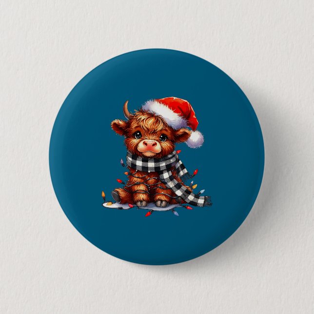 Badge Rond 5 Cm Highland Cow Christmas Santa Hat Mooey Xmas Heifer (Devant)
