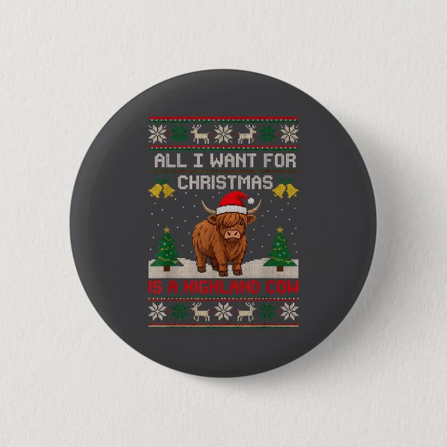 Badge Rond 5 Cm Highland Cow Christmas Ugly Sweater Style Festive  (Devant)