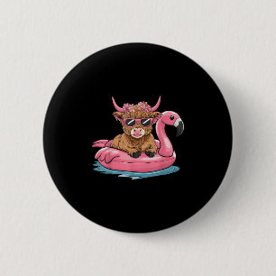 Badge Rond 5 Cm Highland Cow Flamant rose Flotte Noël En Juillet S