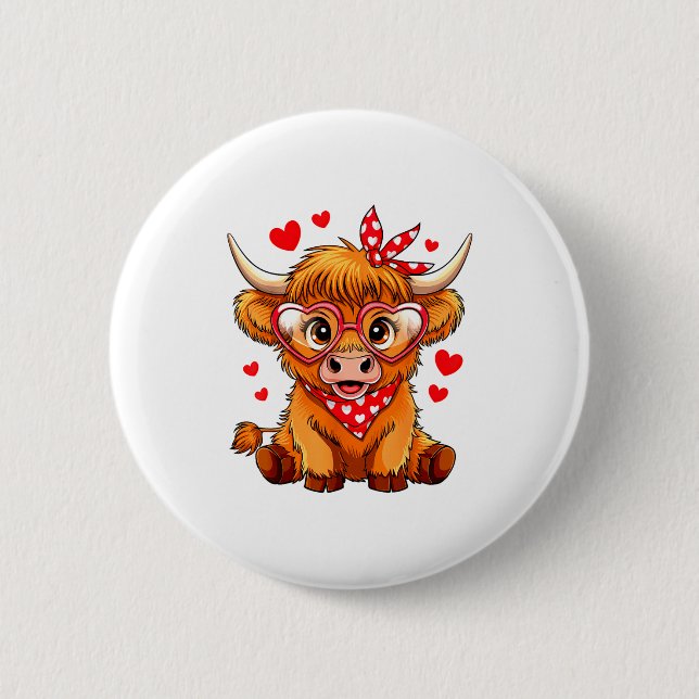 Badge Rond 5 Cm Highland Cow Valentines Day Funny Hearts Valentine (Devant)