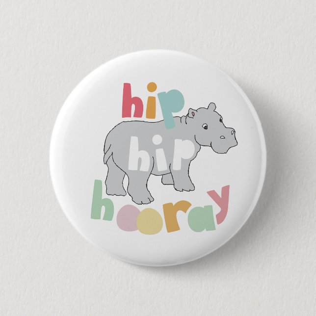 Badge Rond 5 Cm Hip Hip Hooray Gris Hippo Dessin Cute Animal Art (Devant)