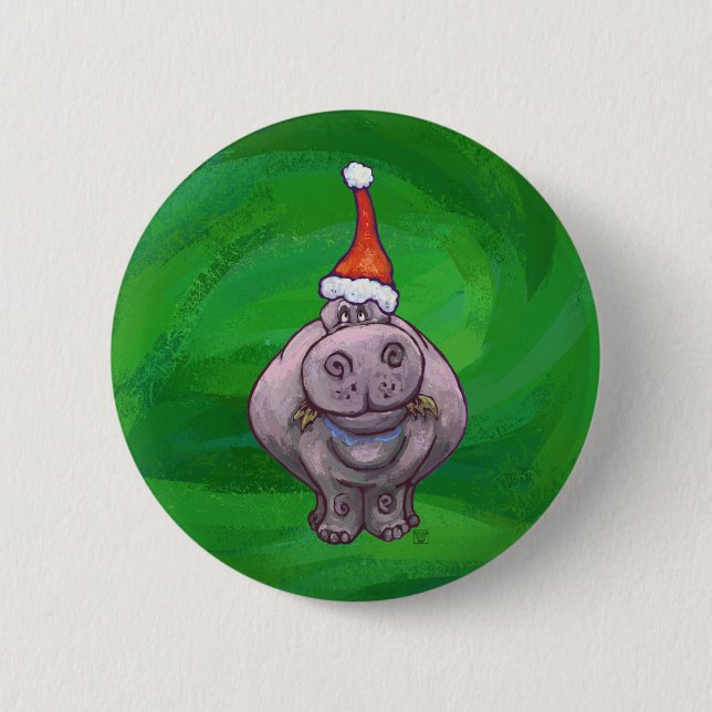 Badge Rond 5 Cm Hippo Festif Sur Vert (Devant)