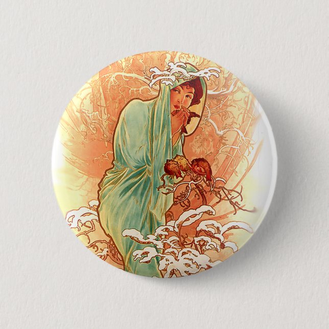Badge Rond 5 Cm Hiver - Alphonse Mucha Art Nouveau (Devant)