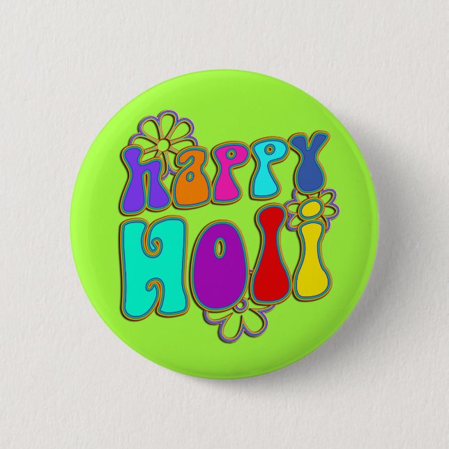 Badge Rond 5 Cm holiES - HAPPY HOLI fleurs en contour coloré 1 (Devant)
