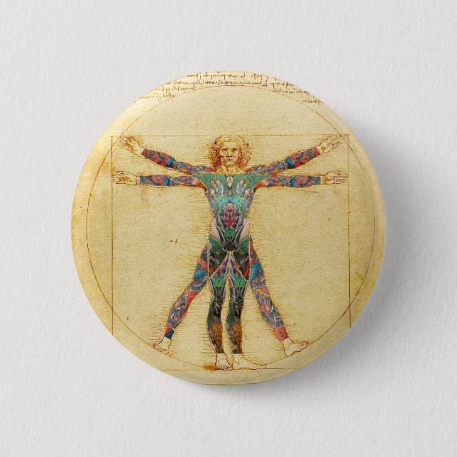 Badge Rond 5 Cm Homme de Vitruvian de da Vinci avec des tatouages (Devant)