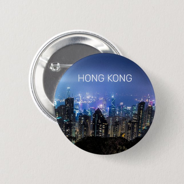 Badge Rond 5 Cm Hong Kong Island Skyline Panorama Souvenir de nuit (Devant & derrière)
