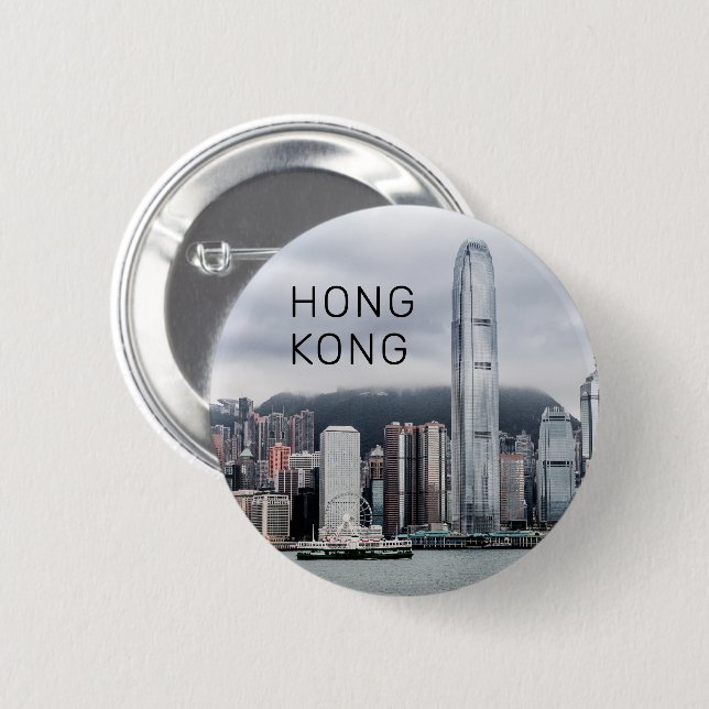Badge Rond 5 Cm Hong Kong Island Skyline Retro Cityscape Vintage (Devant & derrière)