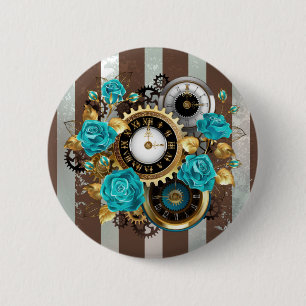 Badge Rond 5 Cm Horloge à vapeur et Roses turquoise sur le sol