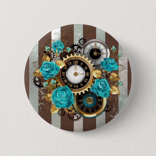 Badge Rond 5 Cm Horloge à vapeur et Roses turquoise sur le sol (Devant)