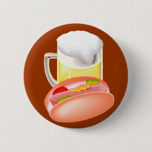 Badge Rond 5 Cm Hot-dog sur un petit pain et une bière avec tous