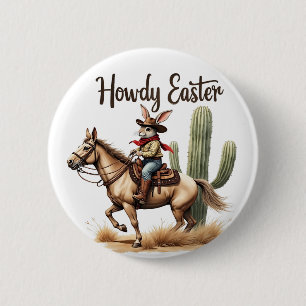Badge Rond 5 Cm Howdy Bunny de Pâques chevauchant un Cheval Cowboy