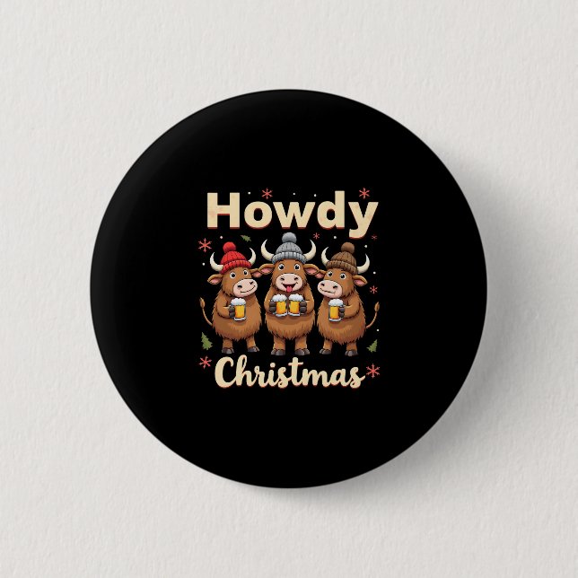 Badge Rond 5 Cm Howdy Christmas Funny Highland Cow Xmas Cows Lover (Devant)