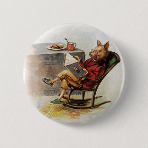 Badge Rond 5 Cm Humour vintage, Cochon en Rocking Chaise Lire un l
