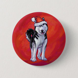 Badge Rond 5 Cm Husky à Santa Hat Sur Rouge